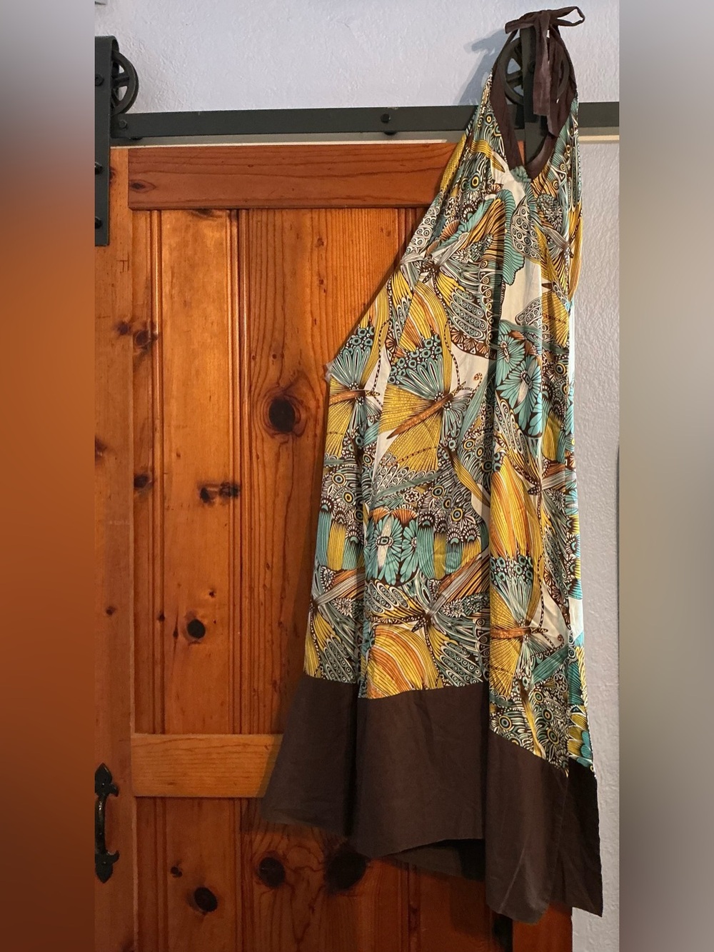 Burning Torch Teal, Yellow & Brown Halter Maxi Dress, Silk